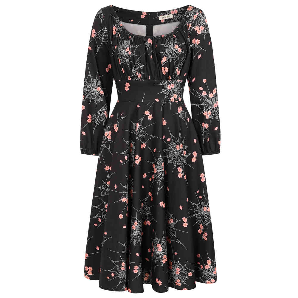 Banned - Mina Spiderweb Blossom Swing Flare jurk - Zwart